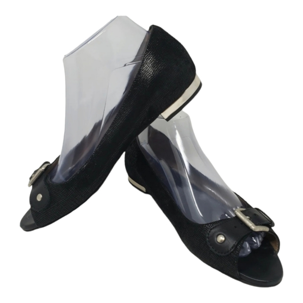 Slip On Shoes Flat Lizard Suede Sz 38 1/2 Black Anyi Lu Erica Comfort Peep Toe